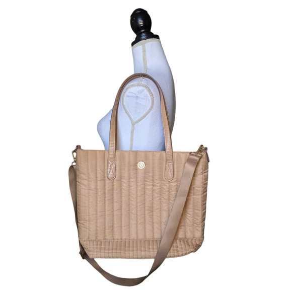 Anne Klein Tan Perfect Quilted Nylon Medium Tote Long Strap Neutral Minimalist - Picture 1 of 10